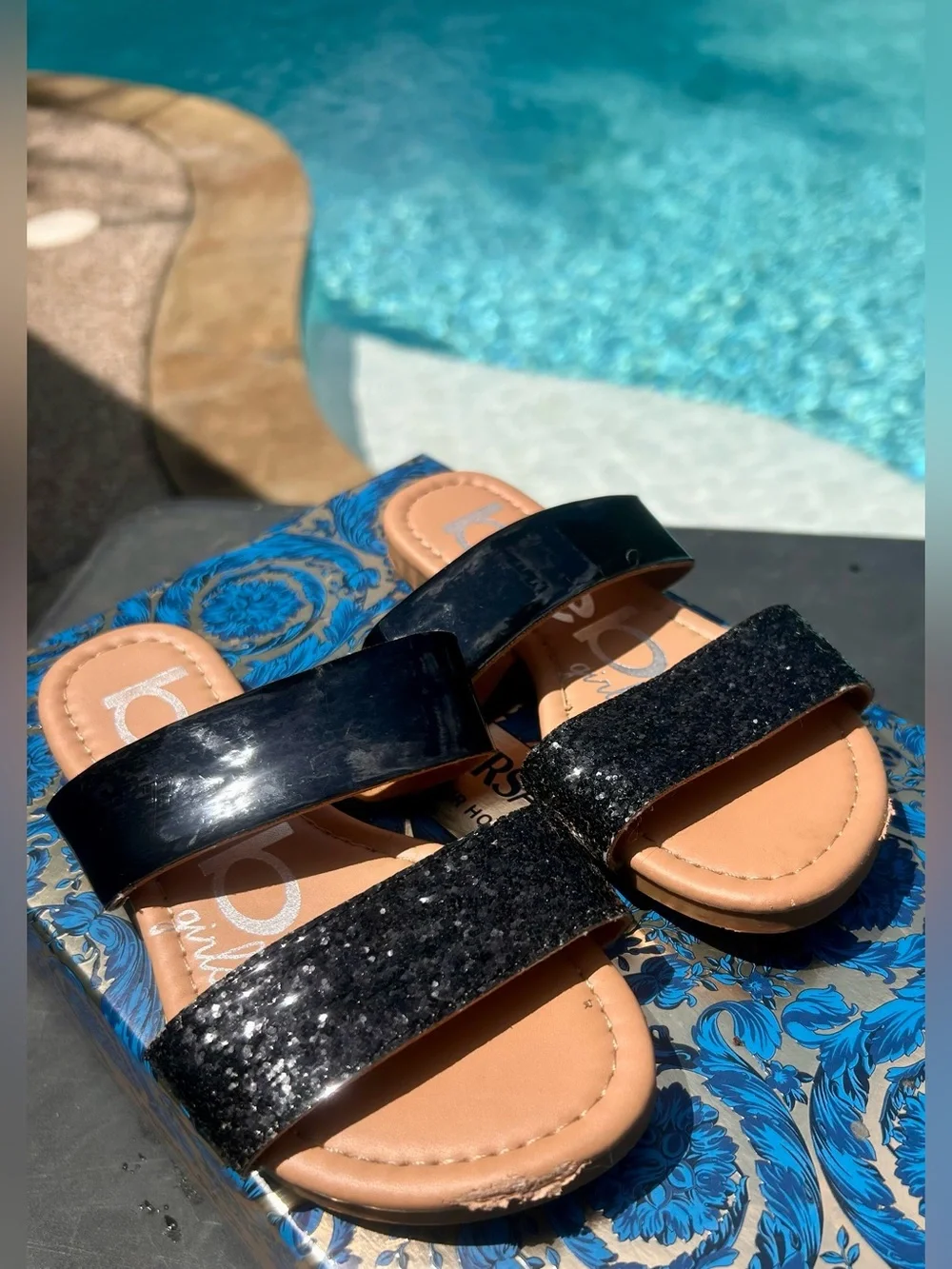 Bebe Girls two-strap flat sandals for girls. Size 12